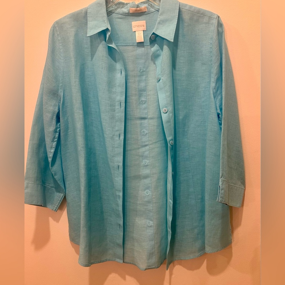 Chico's Light Aqua 100% Linen-Button Up No Iron Top